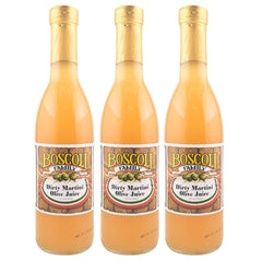 Boscoli Dirty Martini Olive Juice bottle highlights premium brine for flawless cocktails.