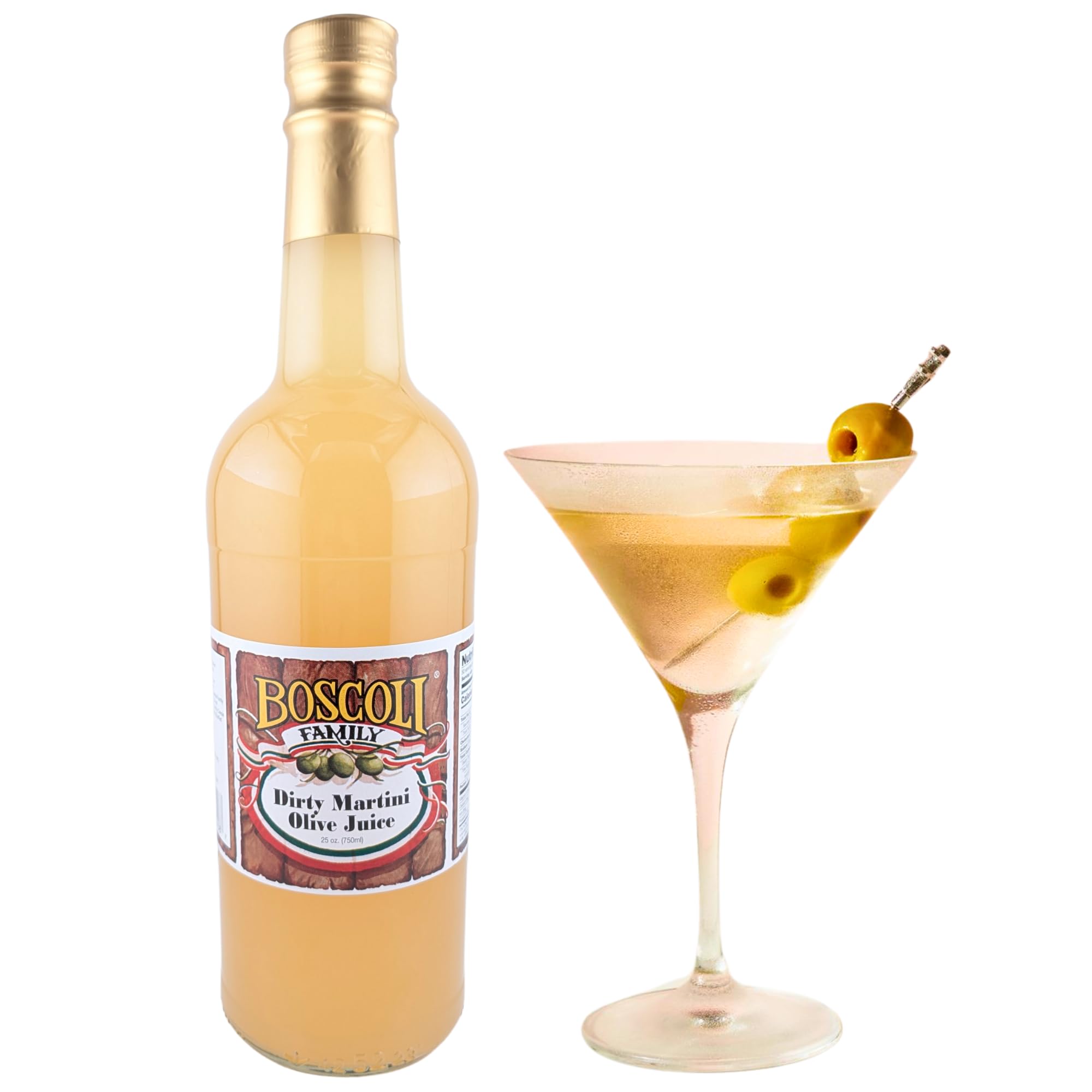 Boscoli Dirty Martini Olive Juice label highlighting all natural ingredients.