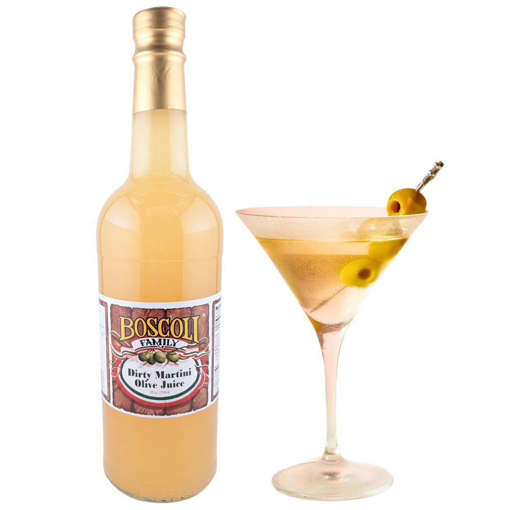 Boscoli Dirty Martini Olive Juice label highlighting all natural ingredients.