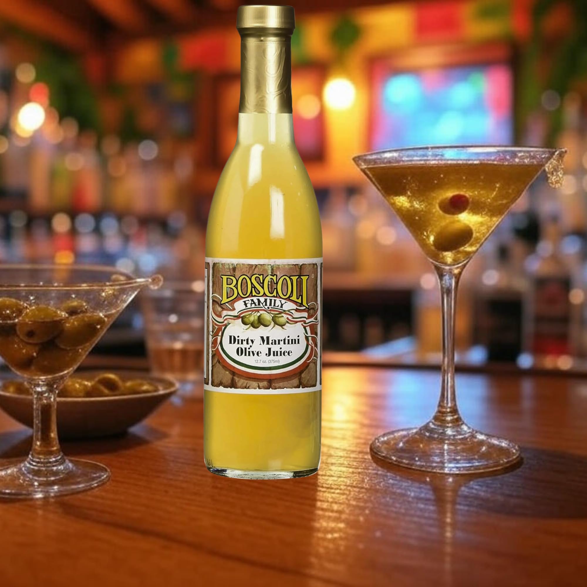 Pour being prepared with Boscoli olive juice over ice.