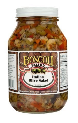 Boscoli Family olive salad jar closeup—herb aroma and briny olives up close