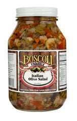 Boscoli Family olive salad jar closeup—herb aroma and briny olives up close