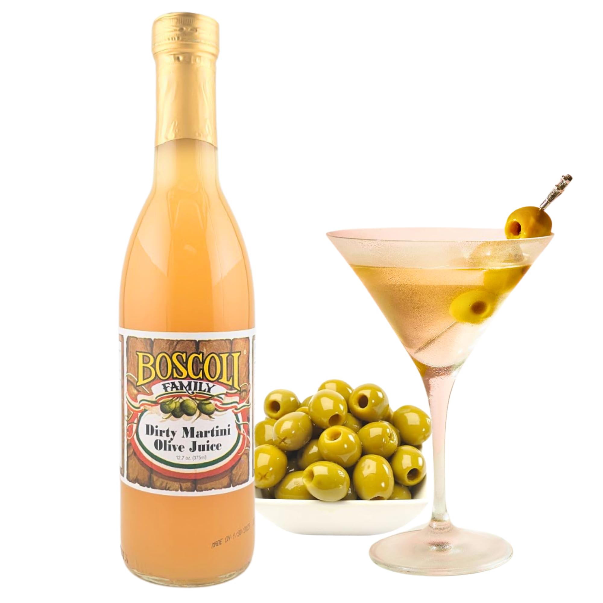 Kitchen setup with Boscoli olive juice for cocktails.