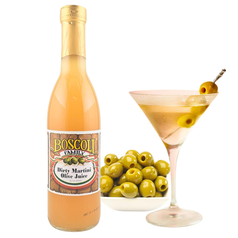 Kitchen setup with Boscoli olive juice for cocktails.