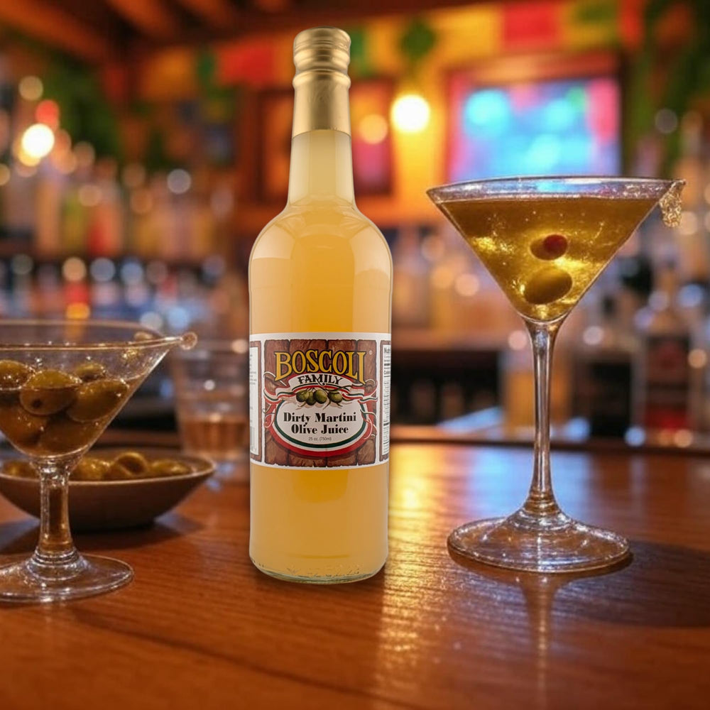 Boscoli Olive Brine shelf display suggests premium, bartender-favorite quality