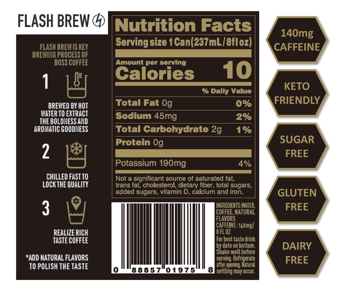 Close-up of BOSS Coffee Flash Brew can showing bold label and sleek design.