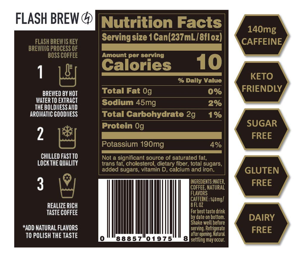 Close-up of BOSS Coffee Flash Brew can showing bold label and sleek design.