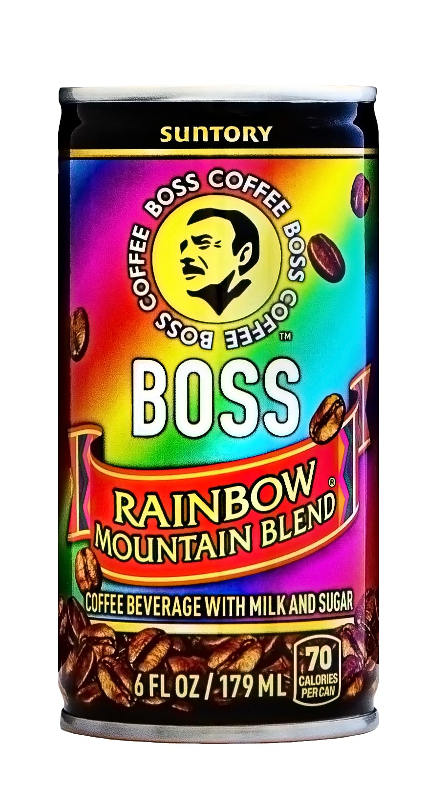 BOSS Rainbow Mountain coffee can front for on-the-go energy