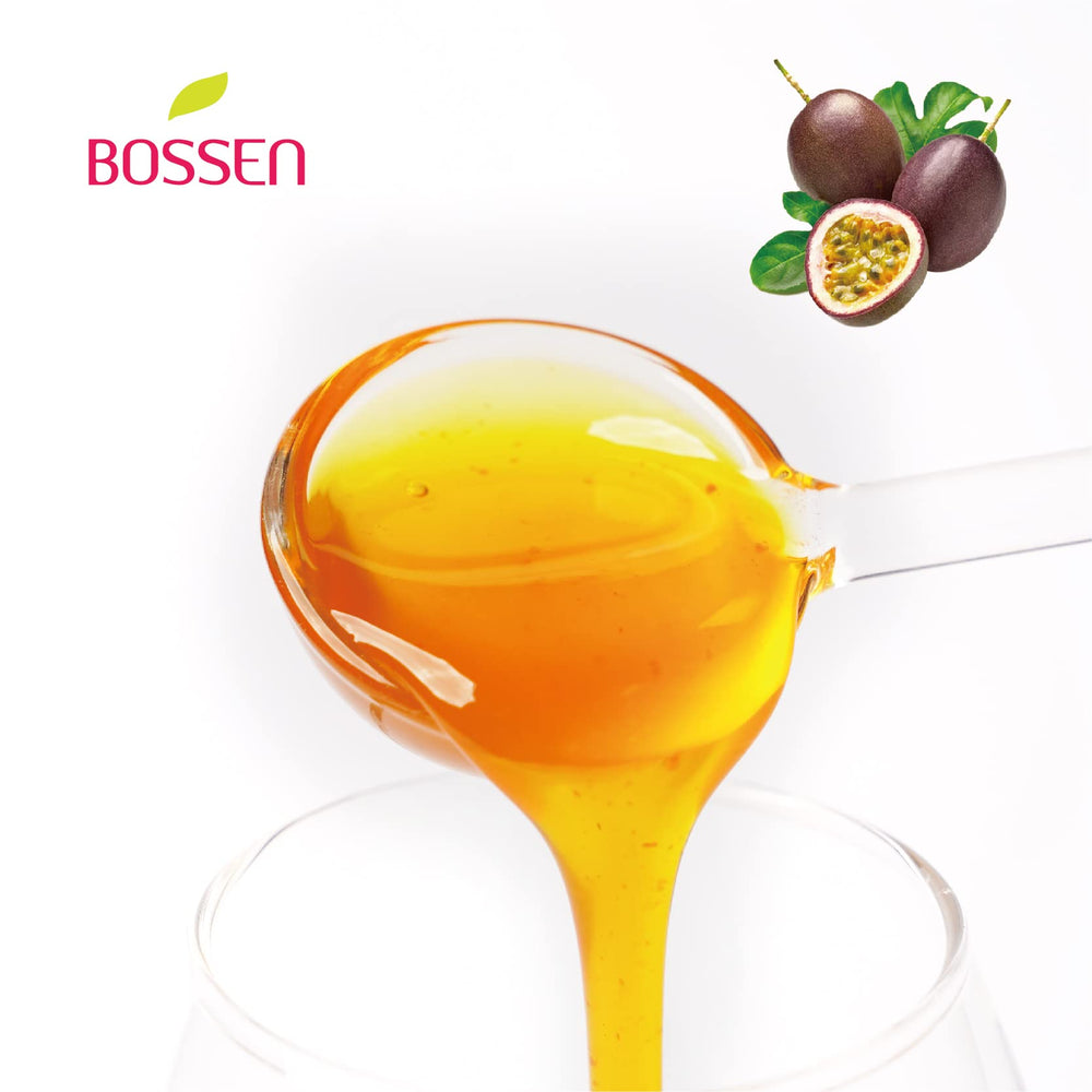 Bossen Passion Fruit Syrup at a tea bar setup for flavorful drinks