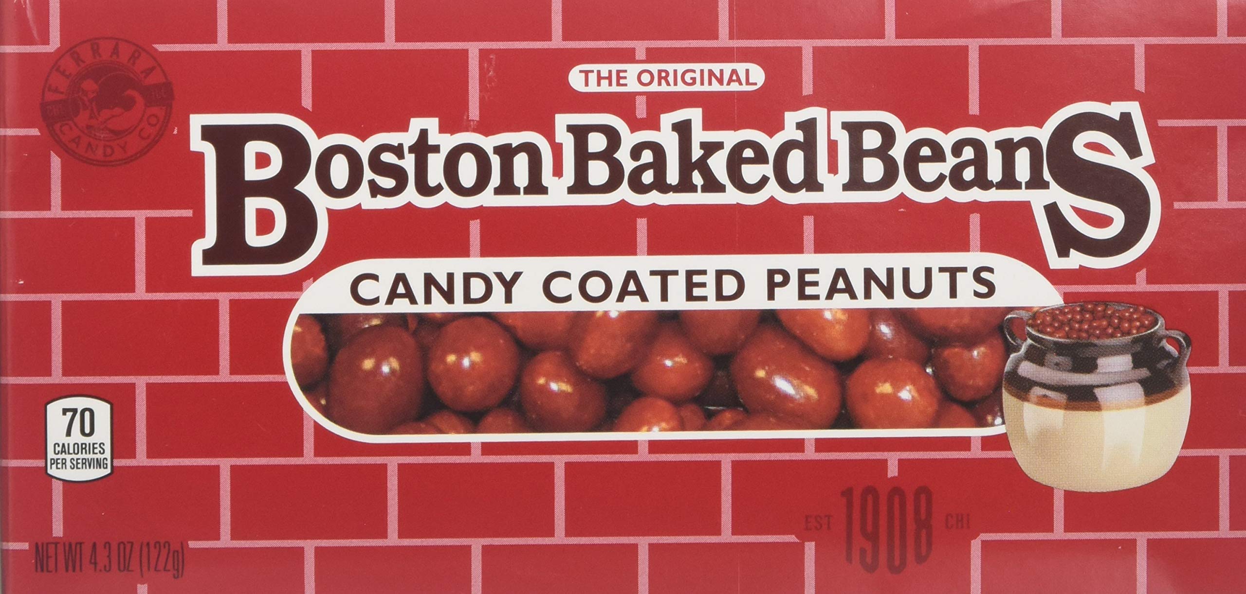 Boston Baked Beans candy-coated peanuts in a jar offer a crunchy, sweet snack.