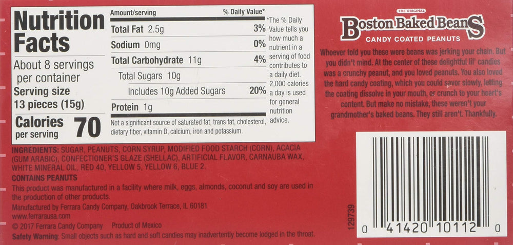 Boston Baked Beans packaging label highlights Mexico origin and snack appeal.