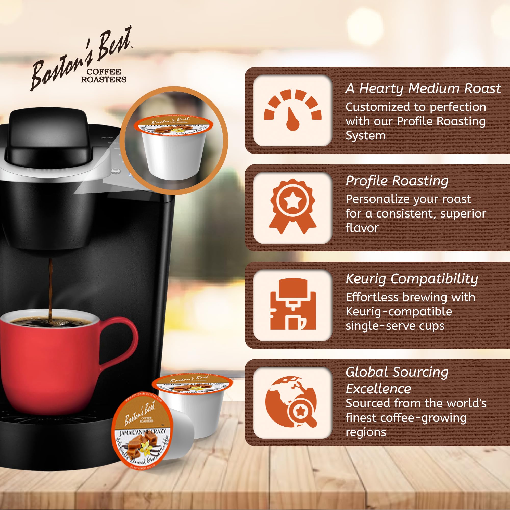 Bostons Best medium-roast coffee cup delivering balanced flavor and smooth aroma