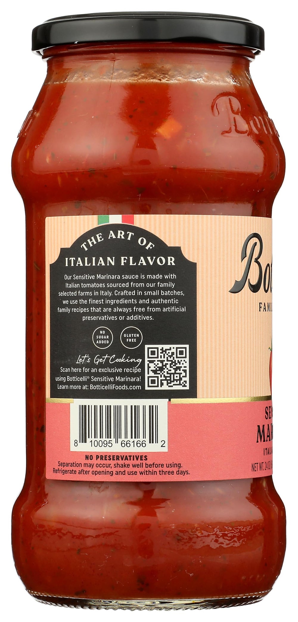 Botticelli Marinara Sauce label shows no artificial preservatives and gluten-free appeal.