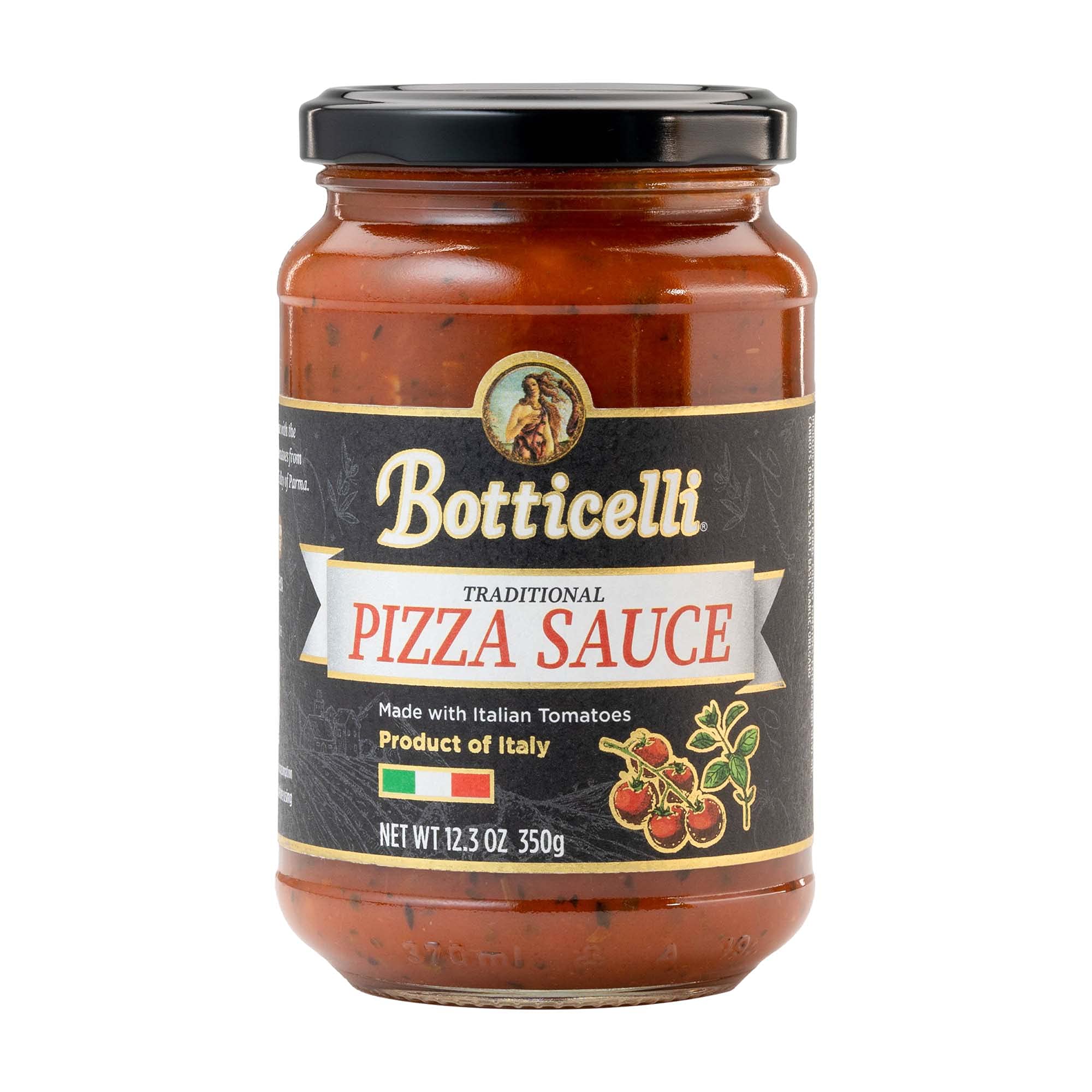 Botticelli pizza sauce in glass jar close-up emphasizes premium quality and fresh ingredients.