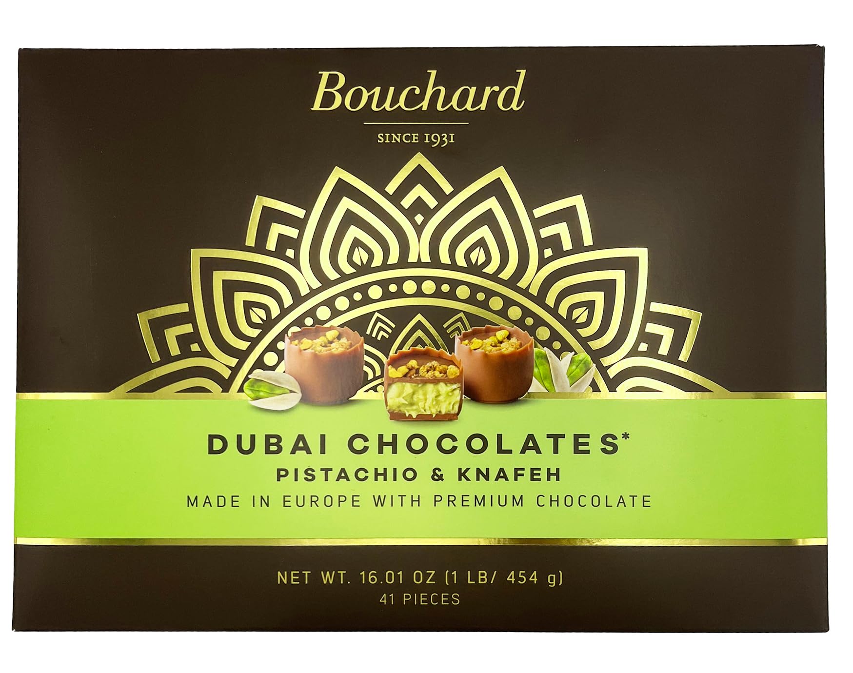 Bouchard Dubai Pistachio chocolates closeup with nutty richness and premium cocoa