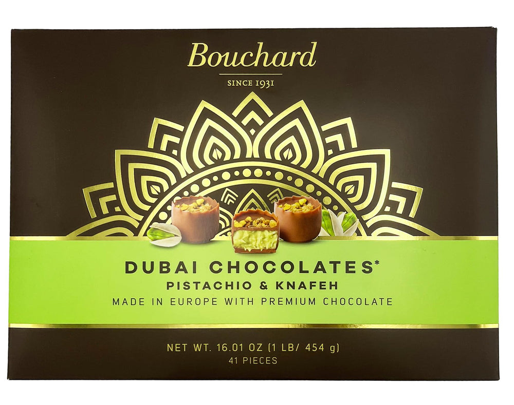 Bouchard Dubai Pistachio chocolates closeup with nutty richness and premium cocoa