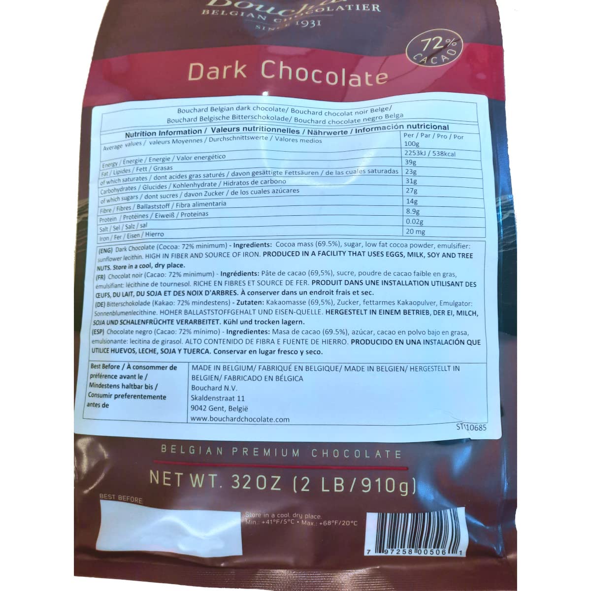 Bouchard Premium Belgian Dark Chocolate individually wrapped pieces for convenient snacking.