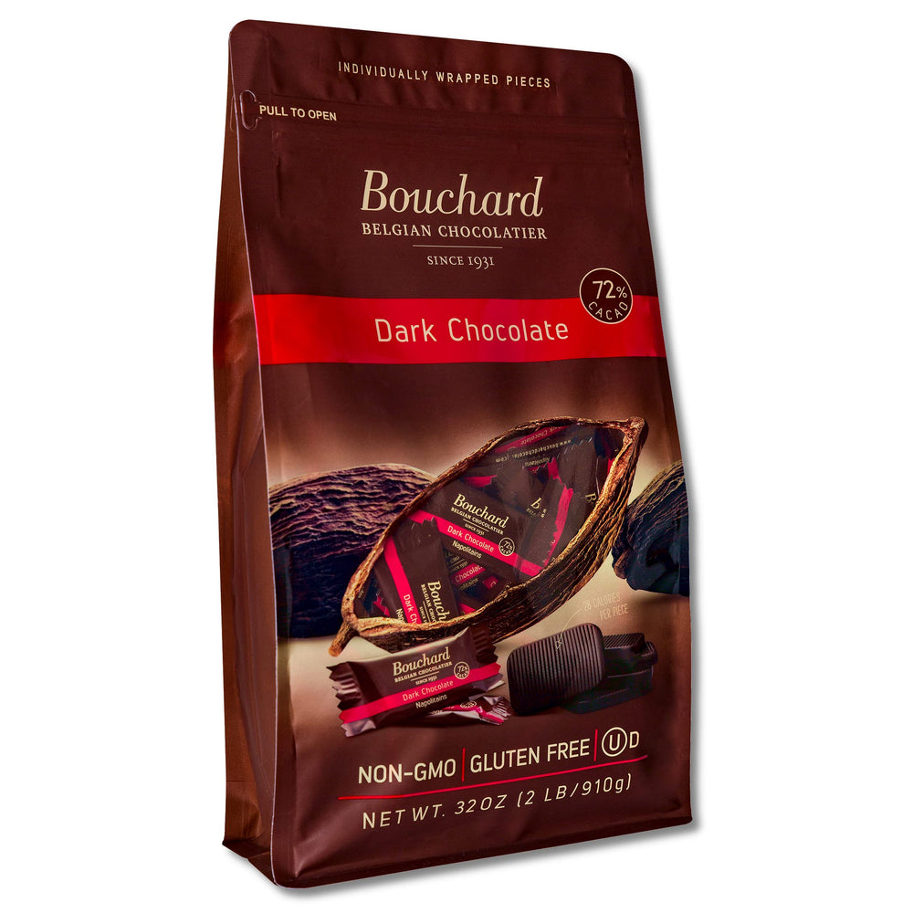 Bouchard Premium Belgian Dark Chocolate packaging showcases premium quality for gifting.