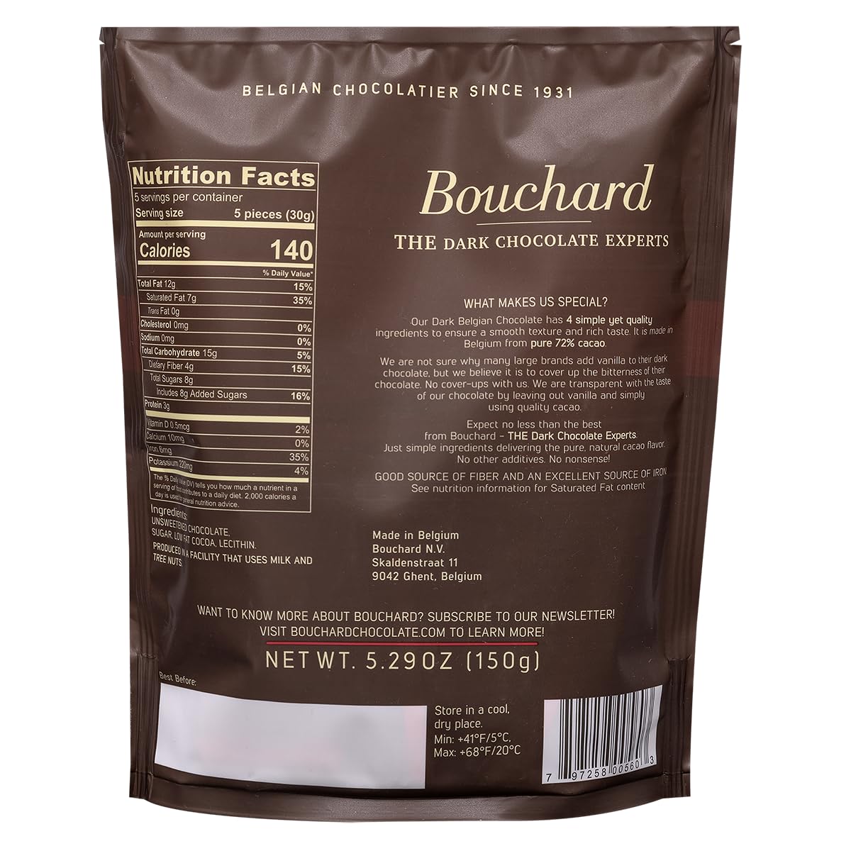 Bouchard 72% cacao bar close-up shows glossy texture and rich aroma.