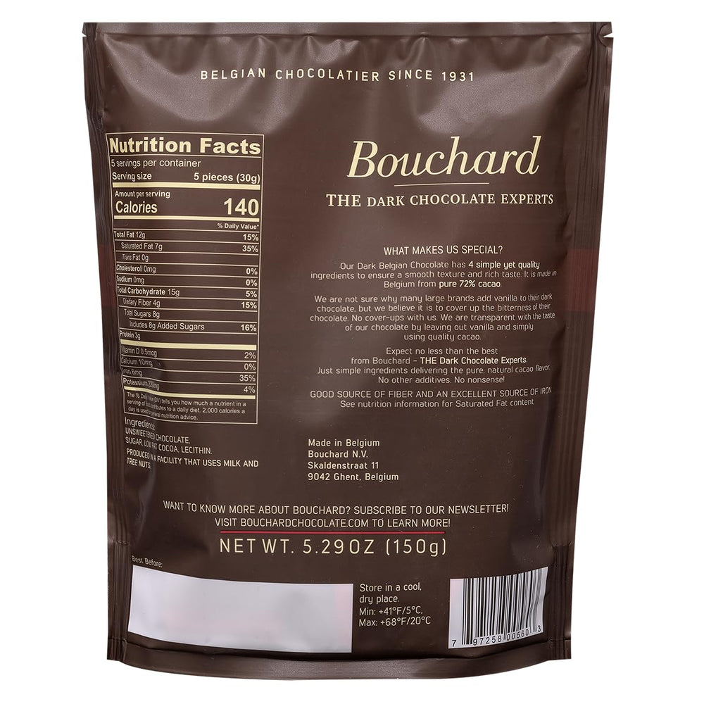 Bouchard 72% cacao bar close-up shows glossy texture and rich aroma.