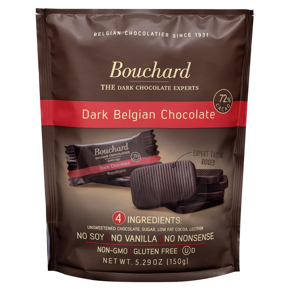 Bouchard premium Belgian 72% chocolate packaging highlights quality and flavor promise.