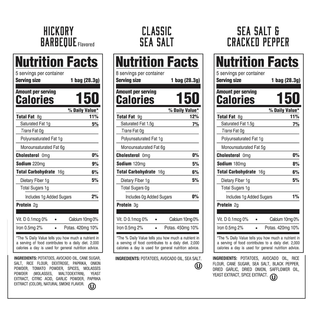 Boulder Canyon avocado oil kettle chips box contents—non-GMO and kosher certified.