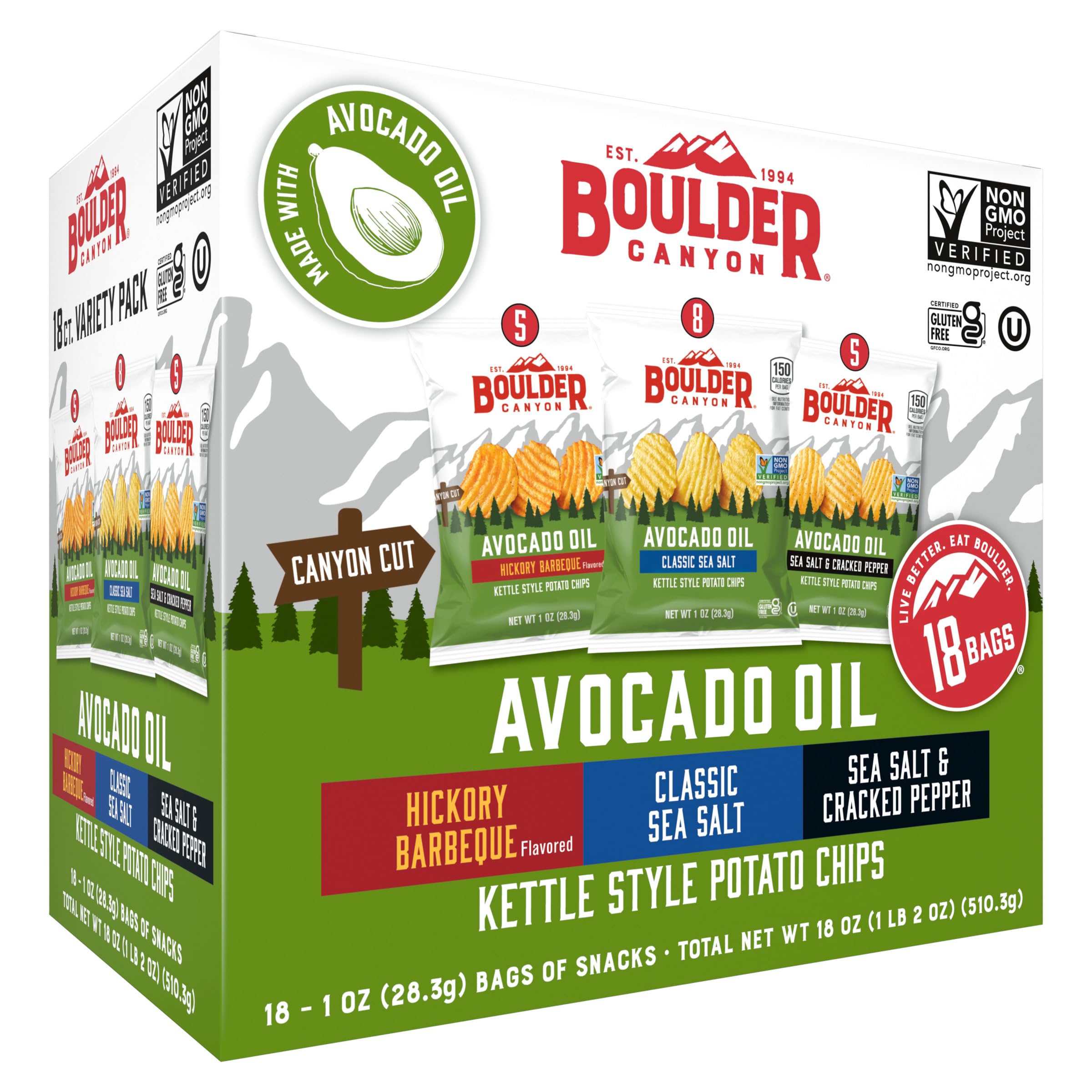 Boulder Canyon avocado oil kettle chips variety pack front—gluten-free snack option.