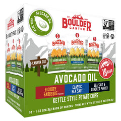 Boulder Canyon avocado oil kettle chips variety pack front—gluten-free snack option.