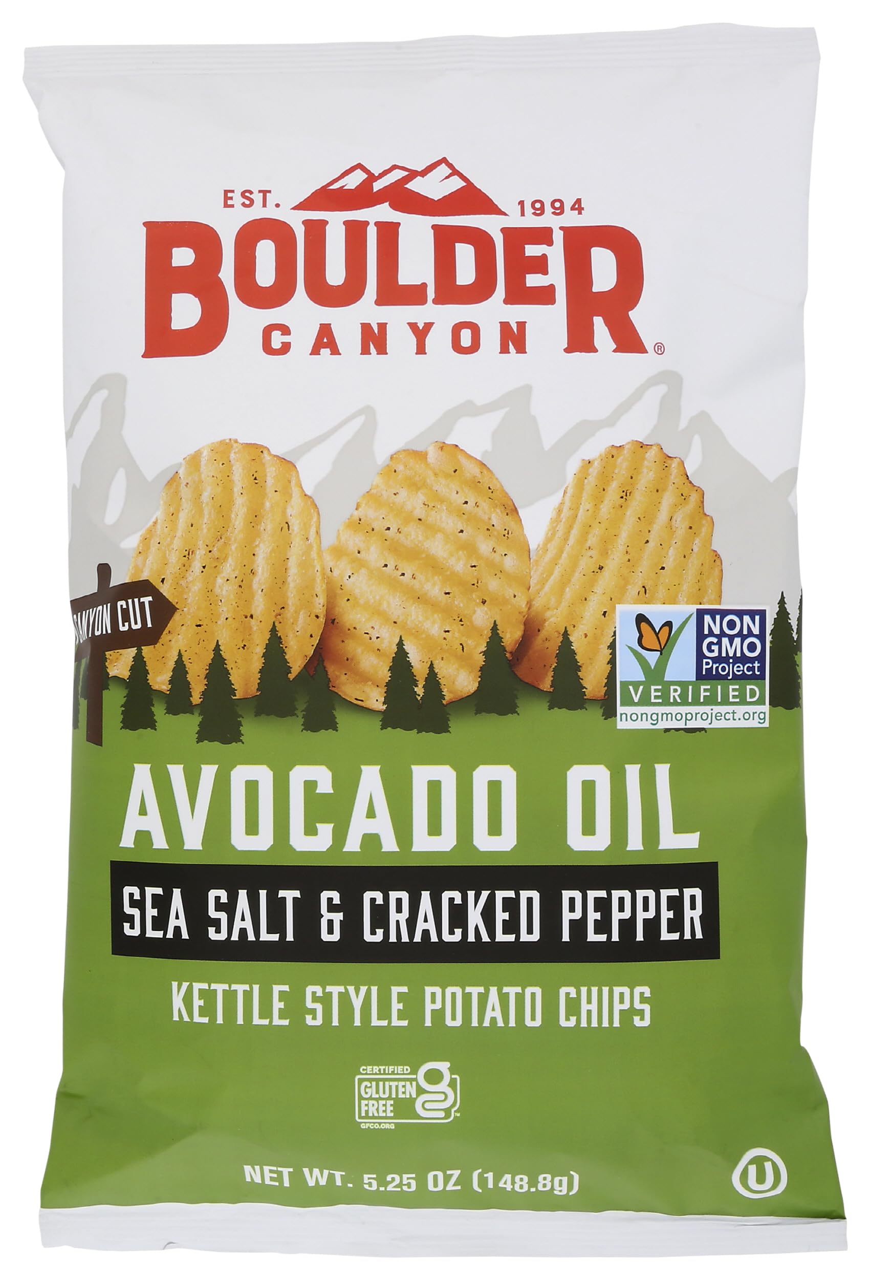 Boulder Canyon Canyon Cut avocado oil chips, crisp and savory snack.