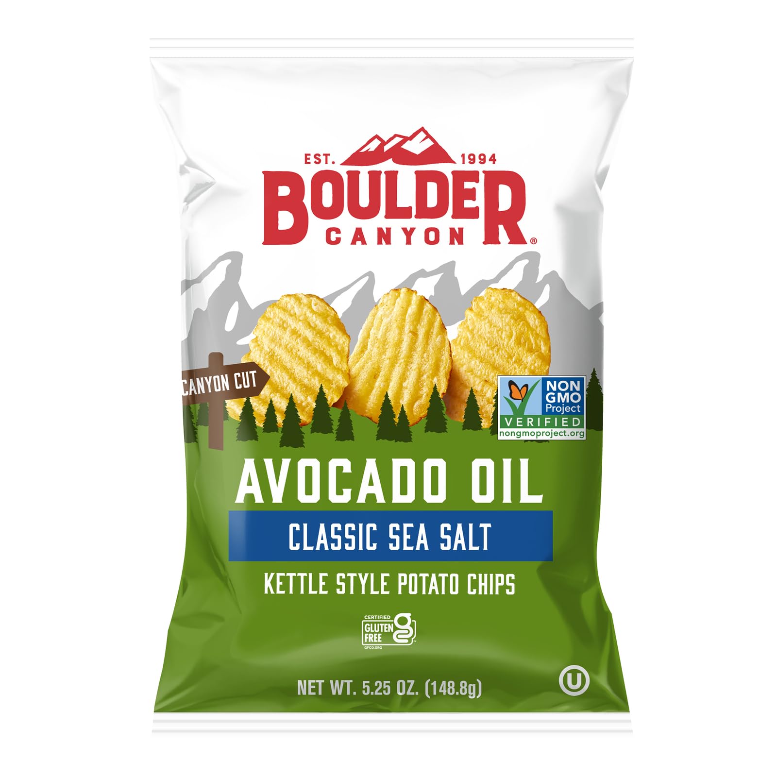 Boulder Canyon chips bag front with avocado oil sea salt – crisp family snack