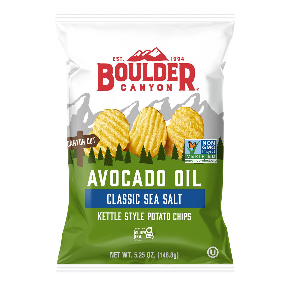 Boulder Canyon chips bag front with avocado oil sea salt – crisp family snack