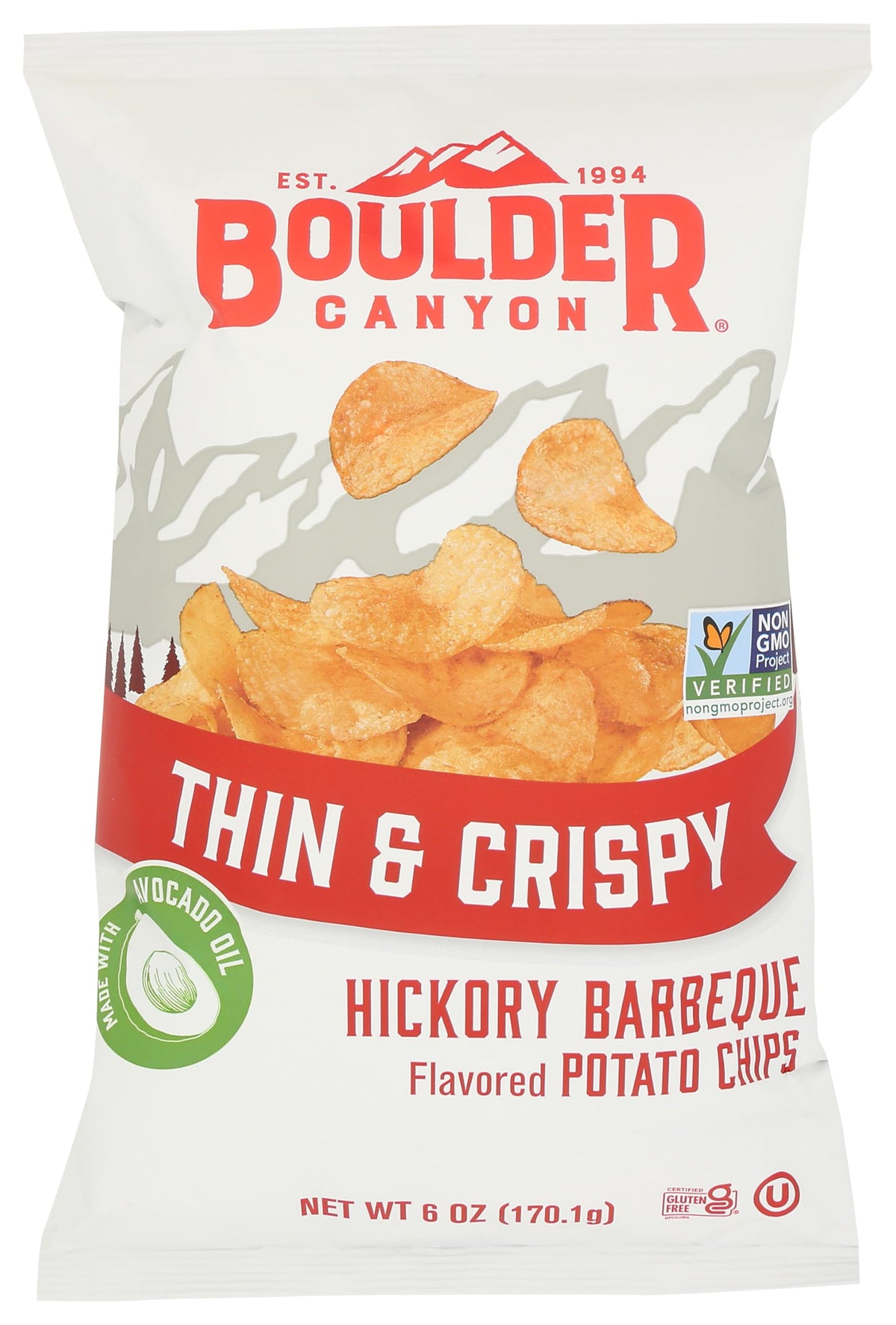 Boulder Canyon Thin Crsp Hkry BBQ chips in a resealable bag for easy snacking.