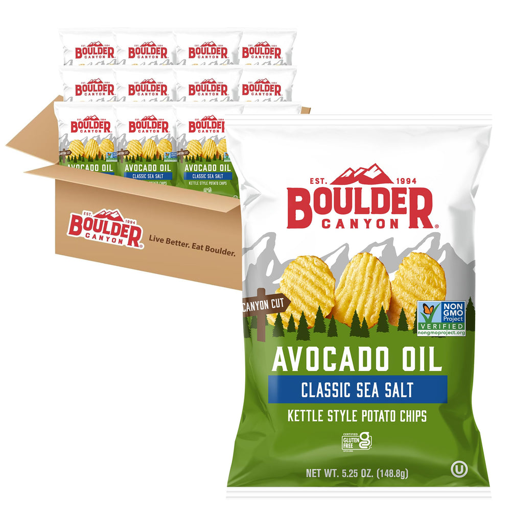 Boulder Canyon Classic Sea Salt chips front view, ideal for movie nights.
