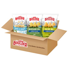 Boulder Canyon Custom 3-Pack bags show a crisp kettle-cooked texture, ideal for sharing.