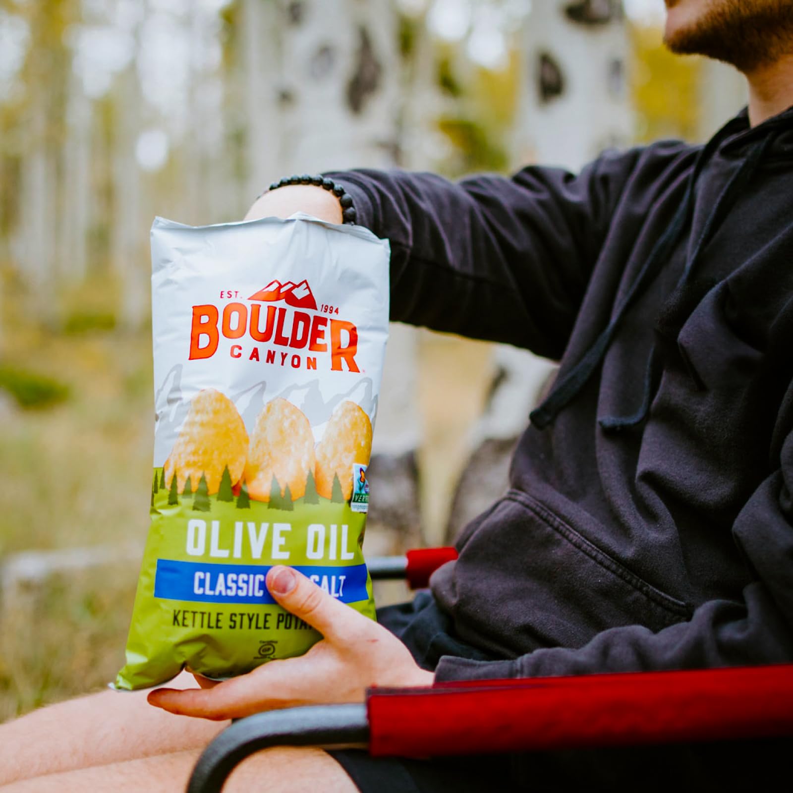 Boulder Canyon kettle-cooked chips close-up emphasizes satisfying crunch for a quick bite.