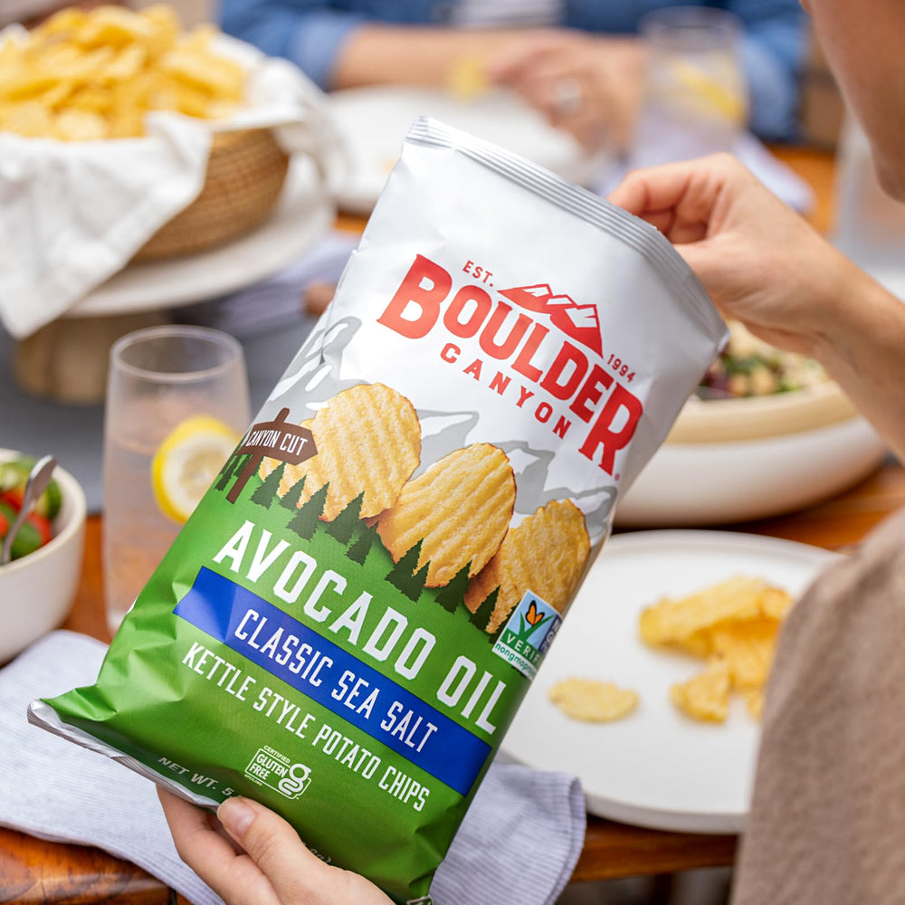 Boulder Canyon 12-pack chips arranged in row for easy stocking.