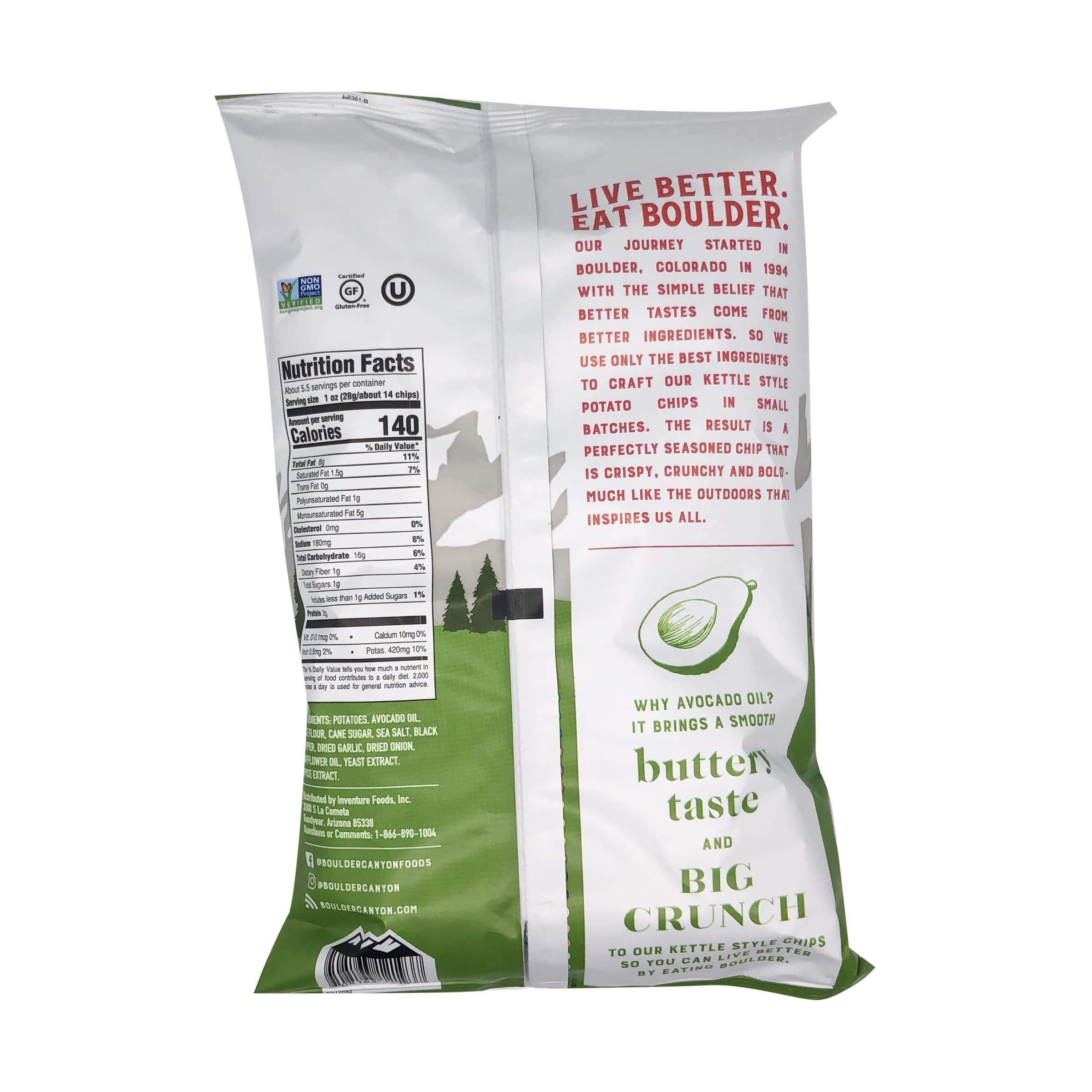 Boulder Canyon packaging close-up, 5.25 oz bag for convenient snacking.