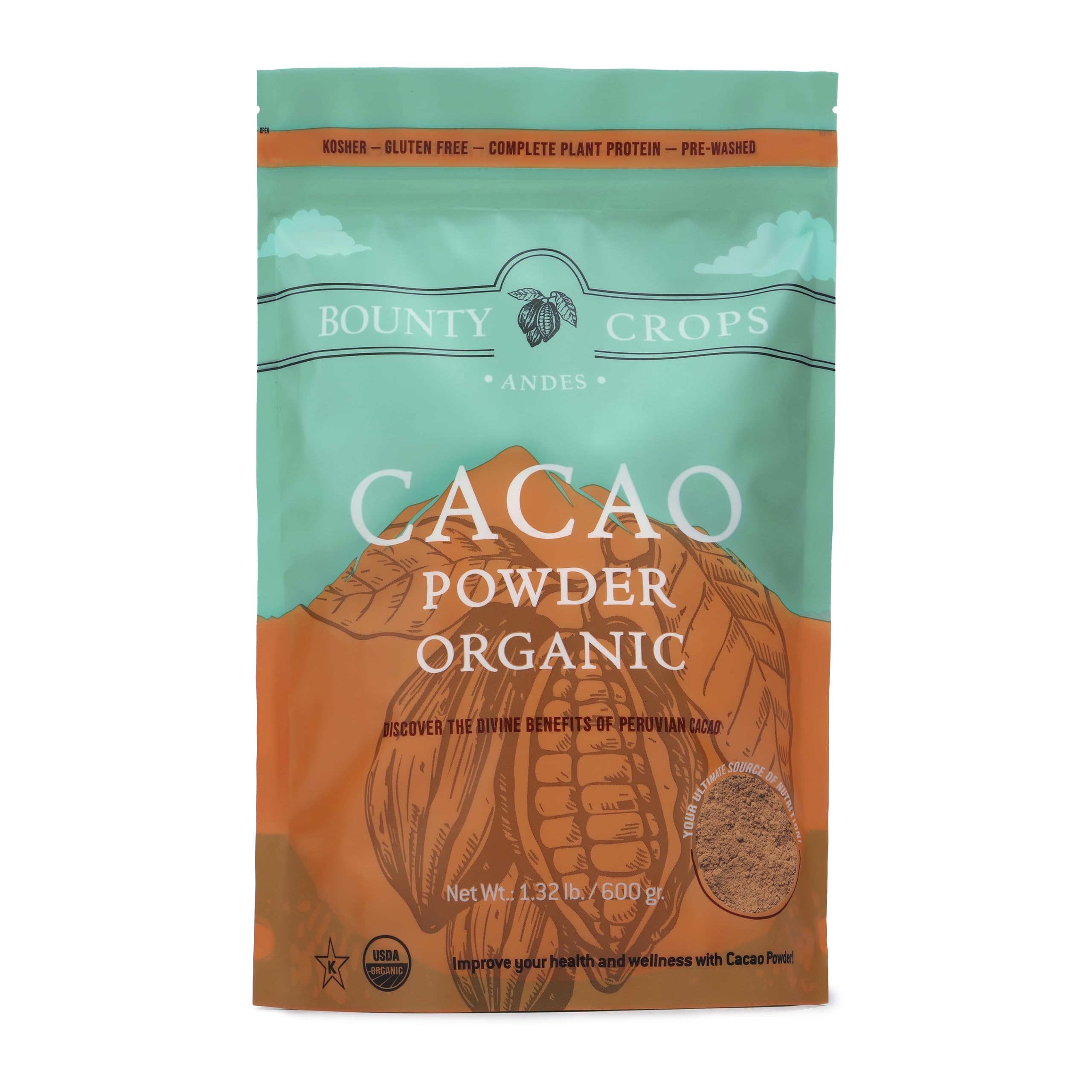 Bounty Crops Organic Cacao Powder jar front view, unsweetened for smoothies.