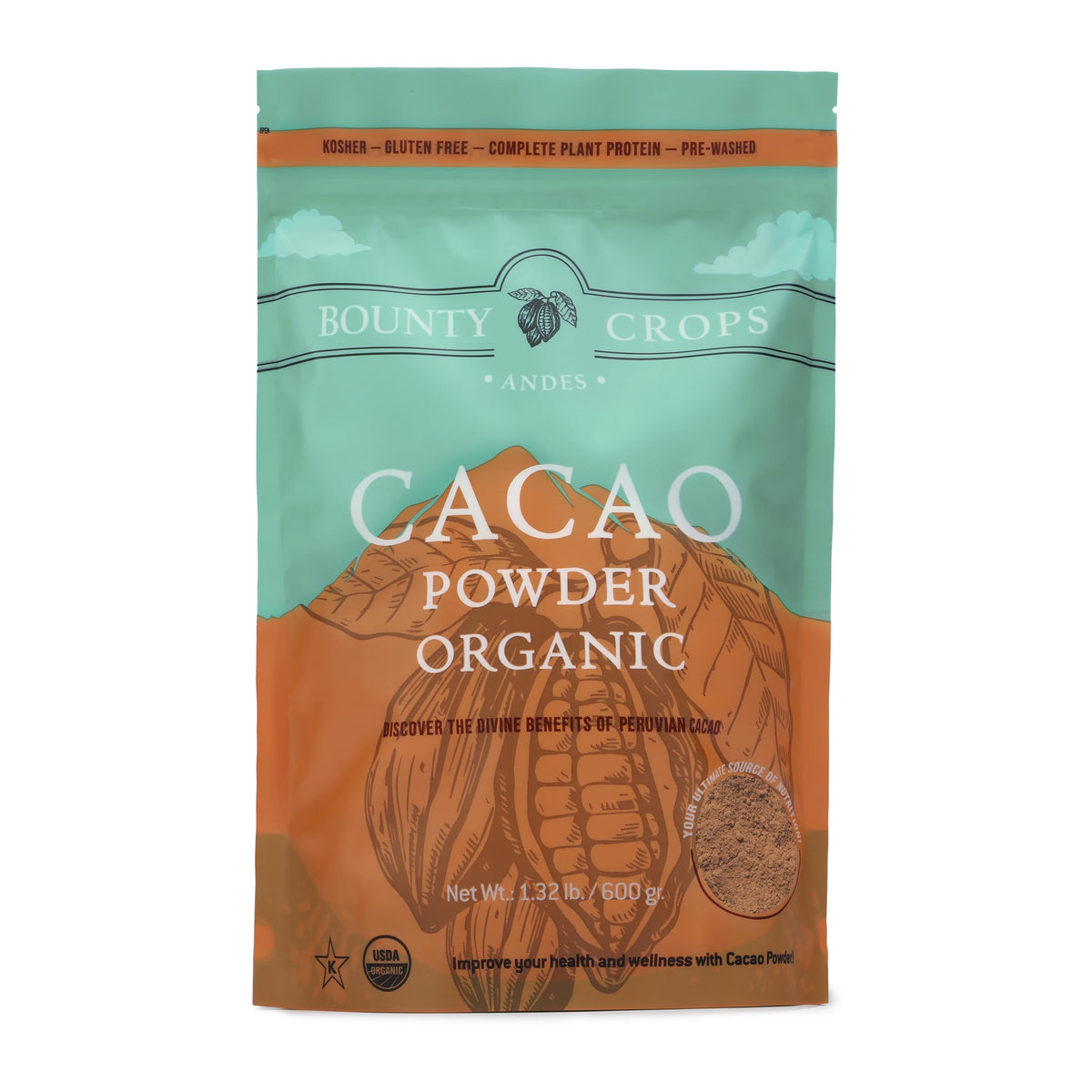 Bounty Crops Organic Cacao Powder jar front view, unsweetened for smoothies.