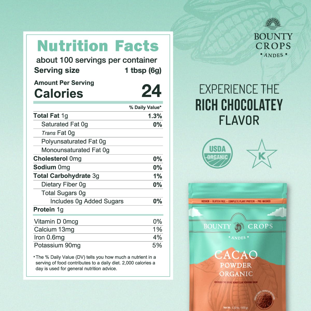 Bounty Crops Organic Cacao Powder label close-up with USDA Organic seal.