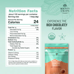 Bounty Crops Organic Cacao Powder label close-up with USDA Organic seal.