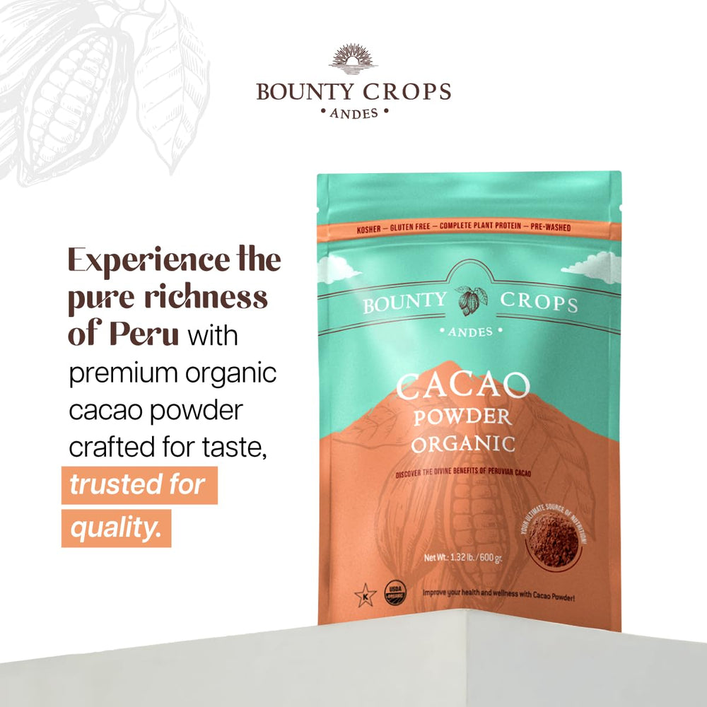 Packaged Bounty Crops cacao powder ready to blend into hot chocolate.