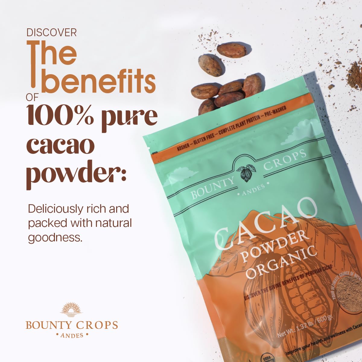 Scoop of Bounty Crops cacao powder showing fine texture for baking.