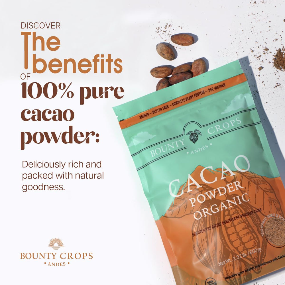 Scoop of Bounty Crops cacao powder showing fine texture for baking.