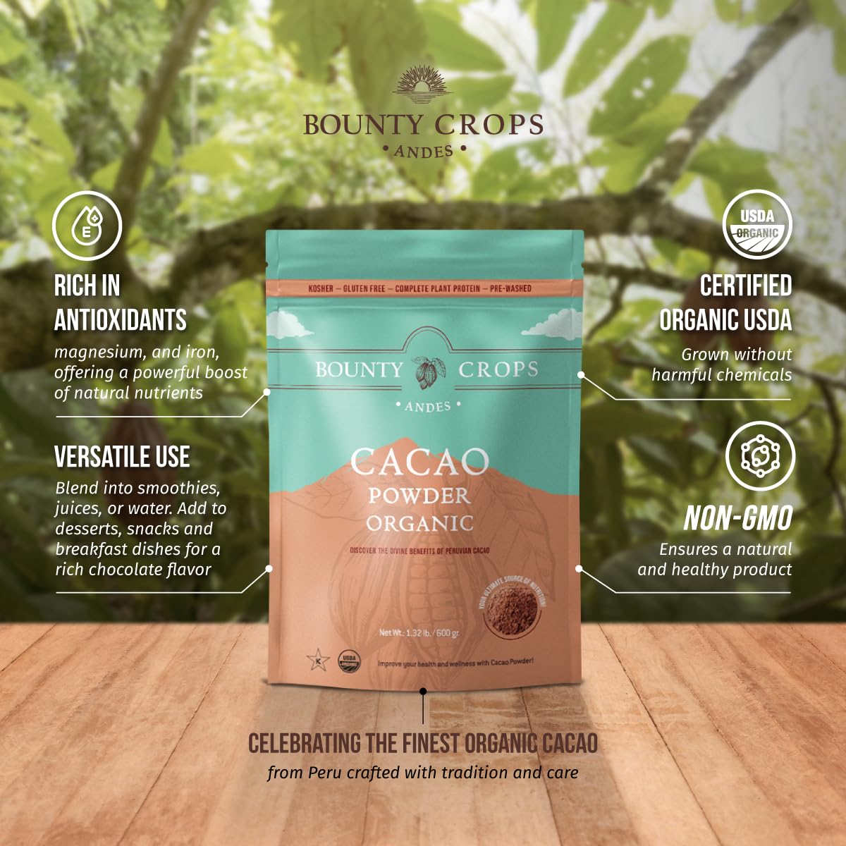 Fine cacao powder texture on surface, ideal for desserts and drinks.