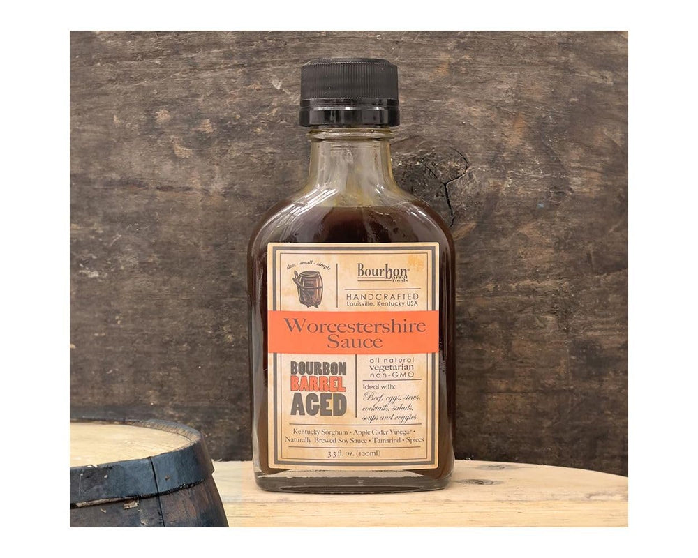 Bourbon Barrel Foods Worcestershire bottle front showcases all natural vegetarian sorghum sweetened seasoning.
