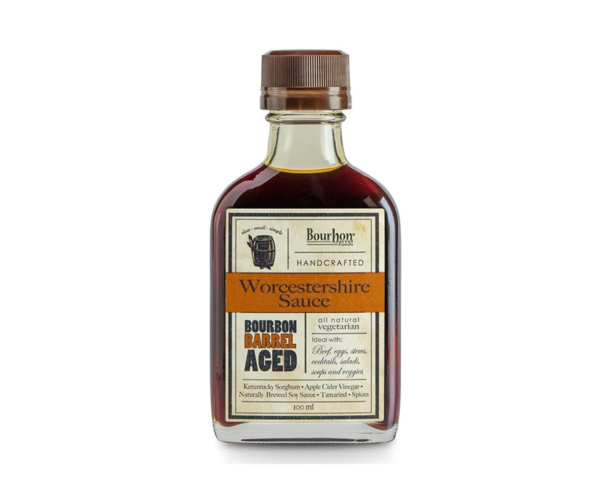 Bourbon Barrel Foods Worcestershire bottle pour highlights bourbon aged flavor for Bloody Marys and grilling.