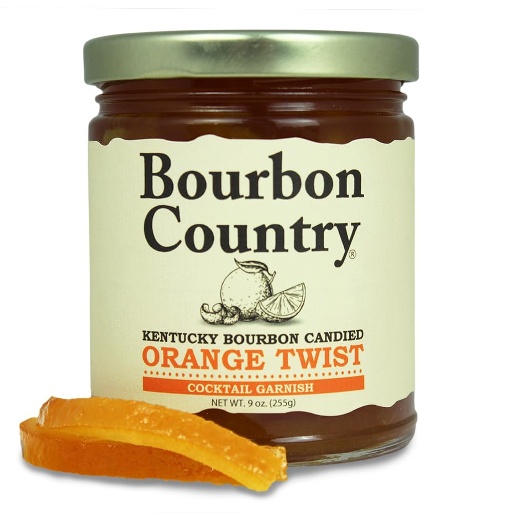Bourbon Country candied orange twist jar elevates cocktails with citrus sweetness.