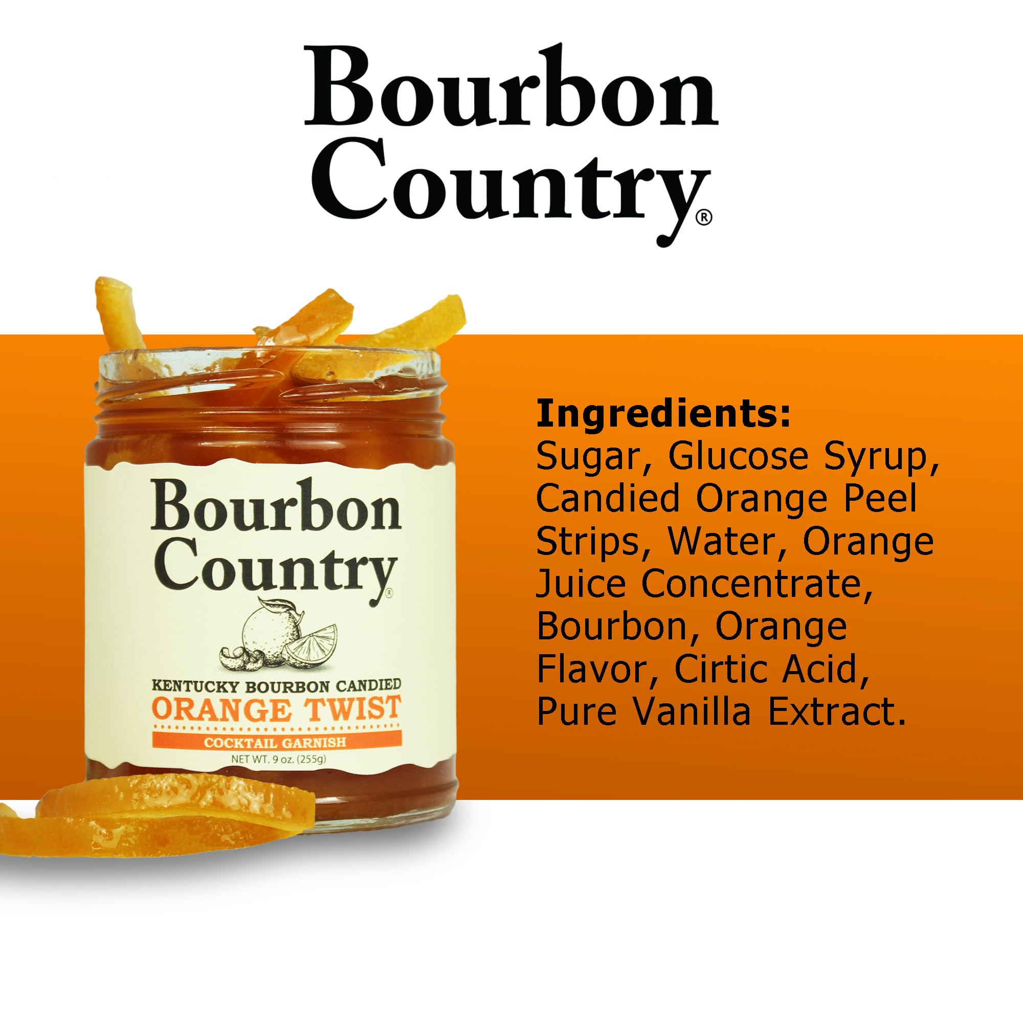 Bourbon Country orange twist garnish on glass adds a bright finishing touch.