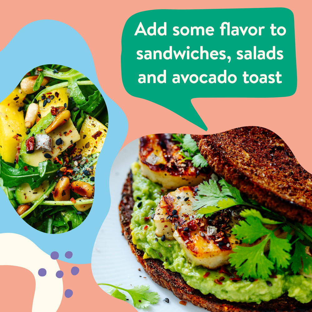 Bowl with greens and Just Spices avocado topping.